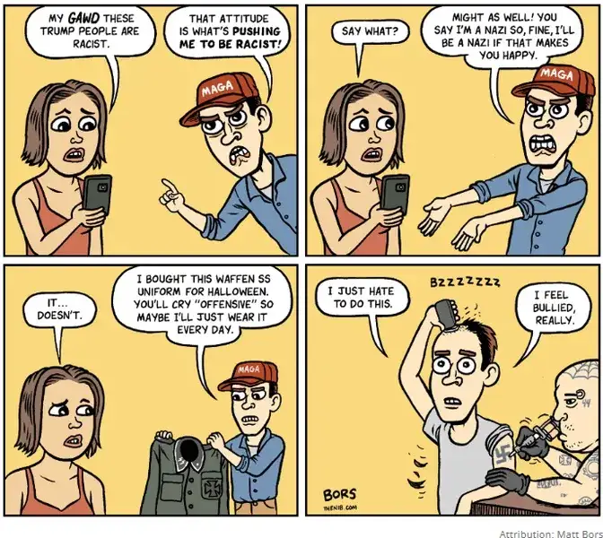 A four-panel comic strip shows a woman expressing outrage at 'Trump people' being racist, which angers a man wearing a MAGA…
