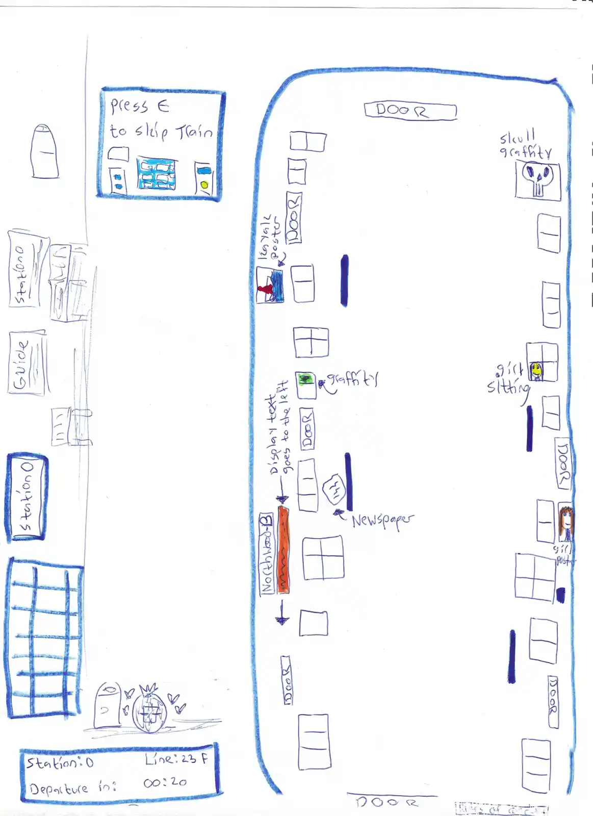 A hand-drawn, childlike map of a video game station labeled 'Station: 0' with a 'press E to skip train' interface. The map…