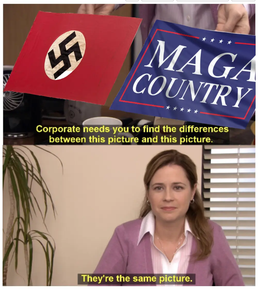 The top half shows two flags side by side: a red flag with a black swastika in a white circle, and a blue flag with 'MAGA…