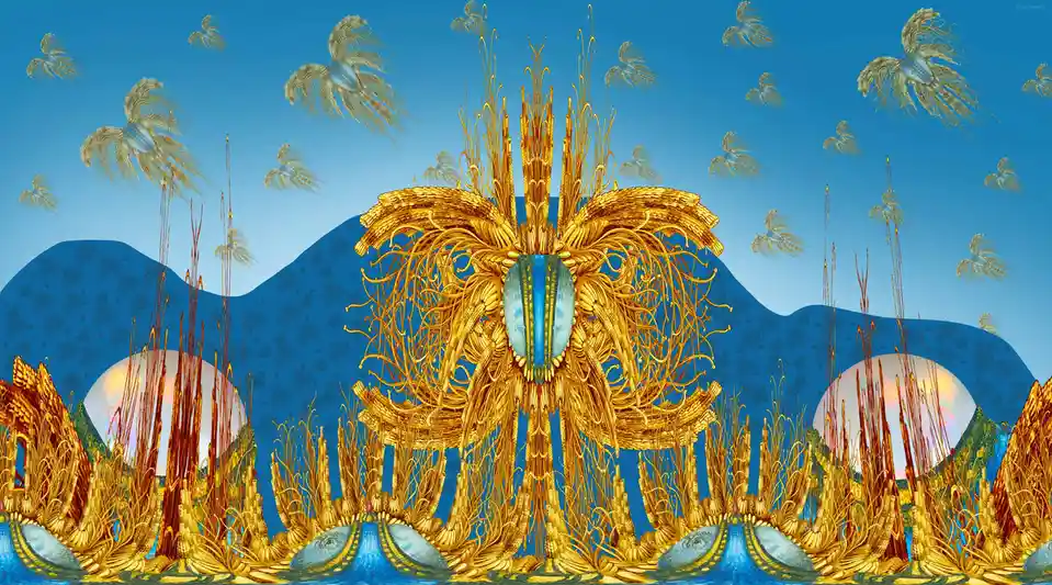 A surreal, symmetrical digital artwork depicts a golden, ornate, insect-like creature with a blue segmented body and…