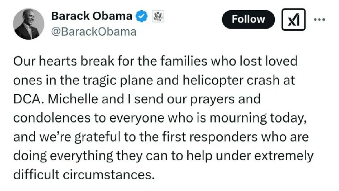 A screenshot of a tweet from Barack Obama's official X account, showing his profile picture, verified badge, and a…