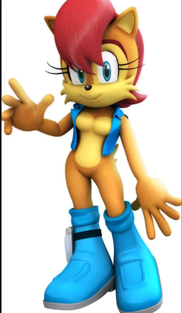 A 3D-rendered female anthropomorphic fox character with red hair, blue eyes, and a yellow-orange body, wearing a blue open…