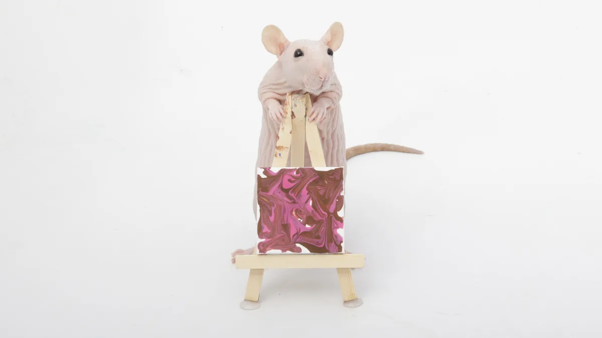 A hairless pink rat stands upright behind a miniature wooden easel, holding it with both paws. In front of it is a small…