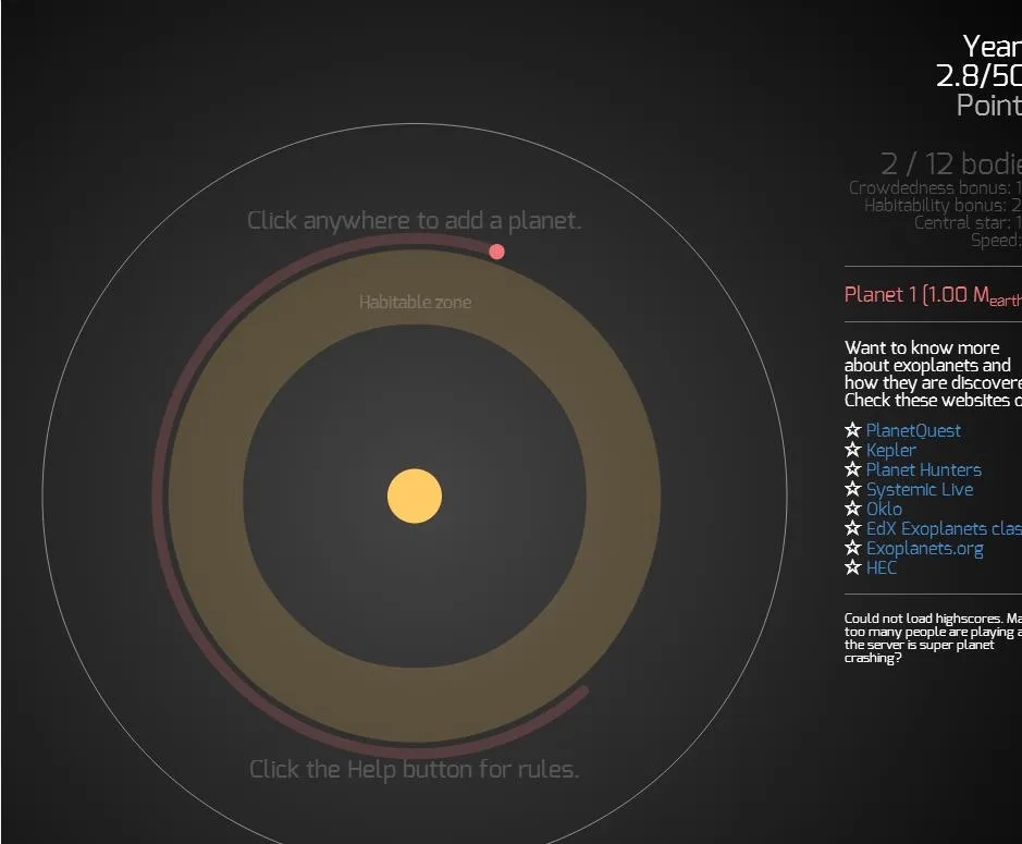 A screenshot of the 'Planet Quest' game interface showing a single planet orbiting a star within the habitable zone. The UI…