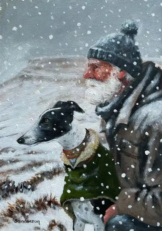 A painting depicts an elderly man with a white beard and a dark knit hat, resembling Santa Claus, sitting in a snowy…