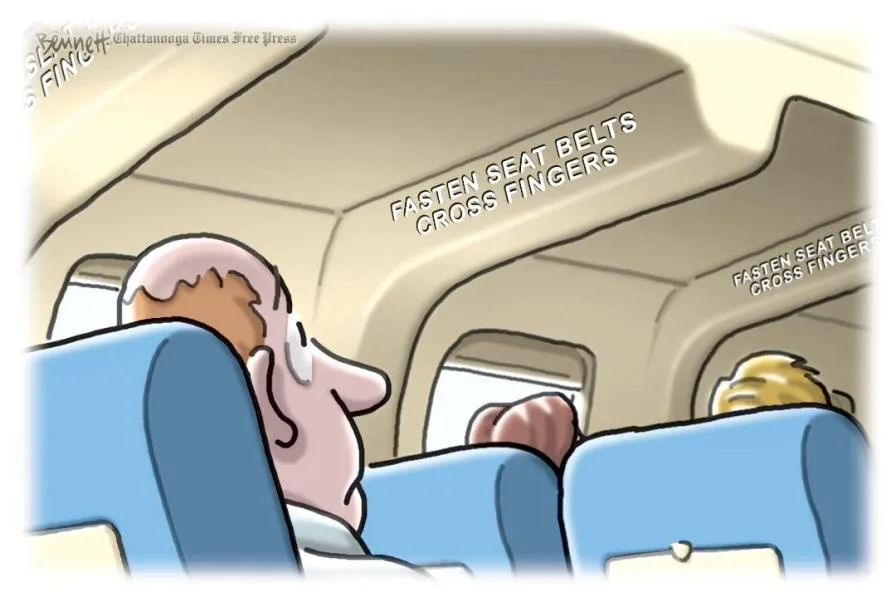 A cartoon depicts two passengers seated on an airplane, viewed from behind. The overhead panel above them displays the text…