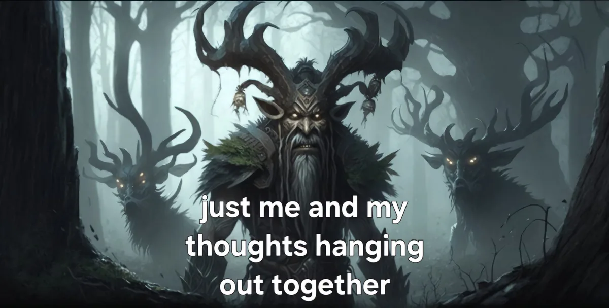 A dark, misty forest scene features a large, menacing creature with massive antlers and glowing eyes, flanked by two similar…