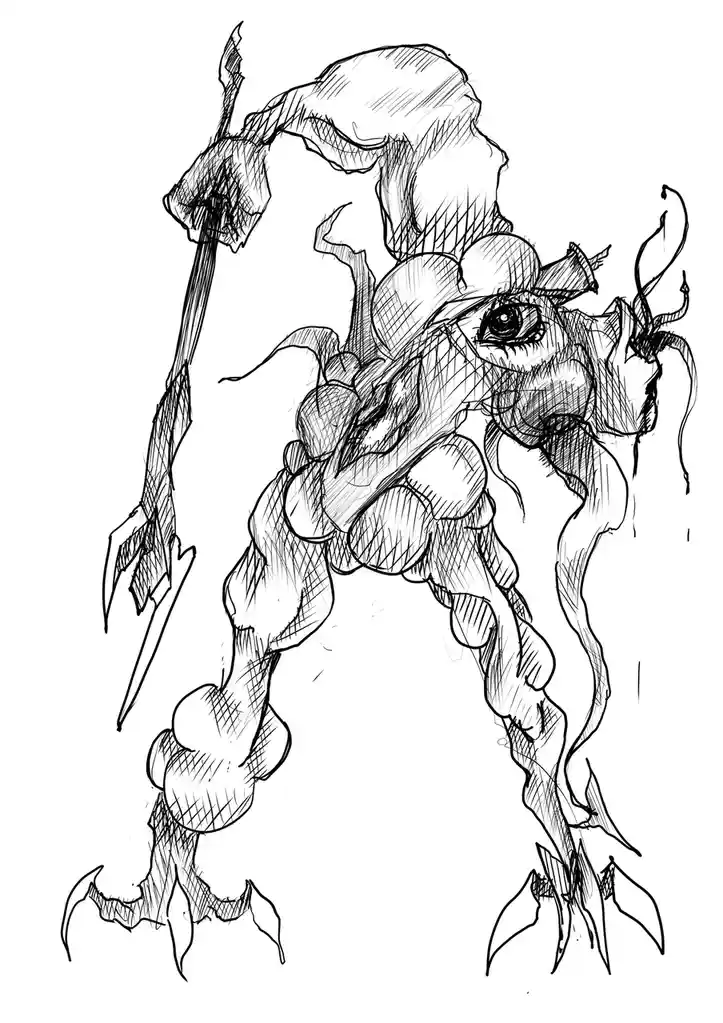 A black-and-white sketch depicts a grotesque, monstrous humanoid figure with multiple limbs, sharp claws, and a single large…