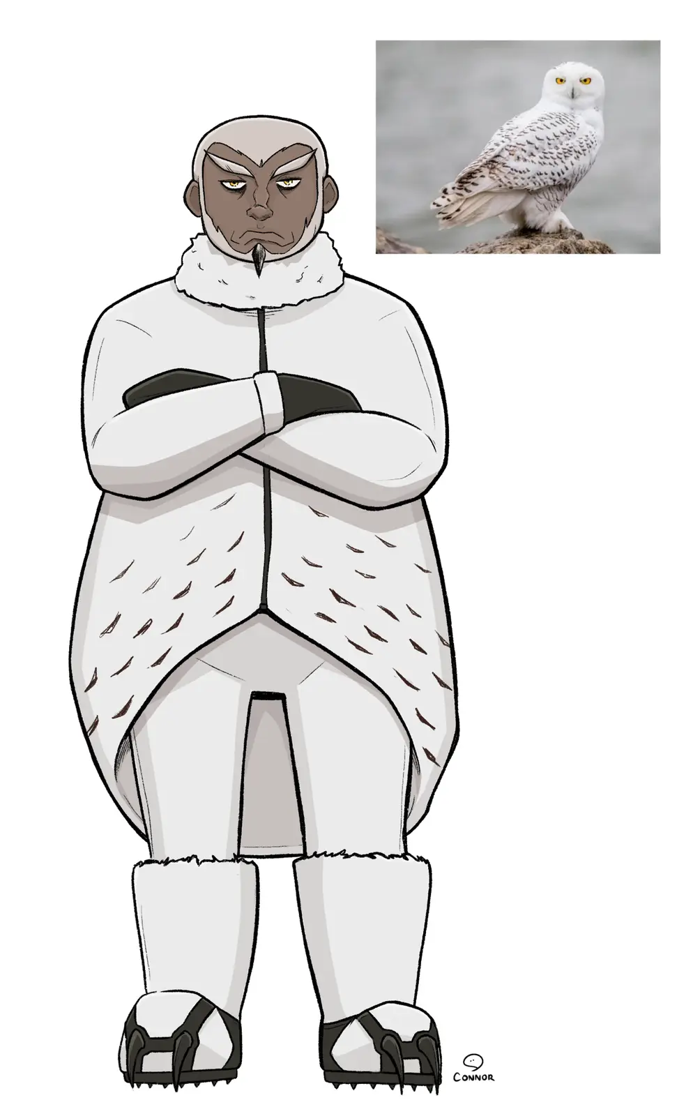 A cartoon character with a stern expression, wearing a white, fur-lined outfit with feather-like patterns and clawed boots…