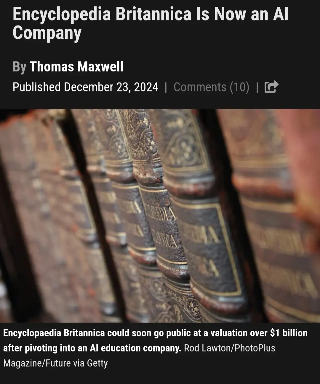 The image shows a close-up of several old, leather-bound Encyclopedia Britannica books on a shelf, with the overlaid text…