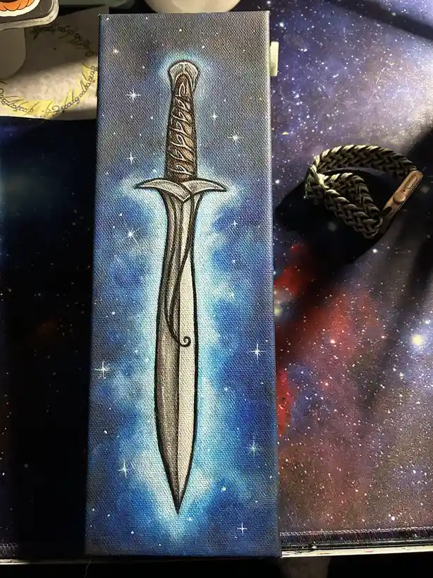 A hand-painted canvas depicts a stylized sword with a detailed hilt and blade, set against a cosmic background of blue…