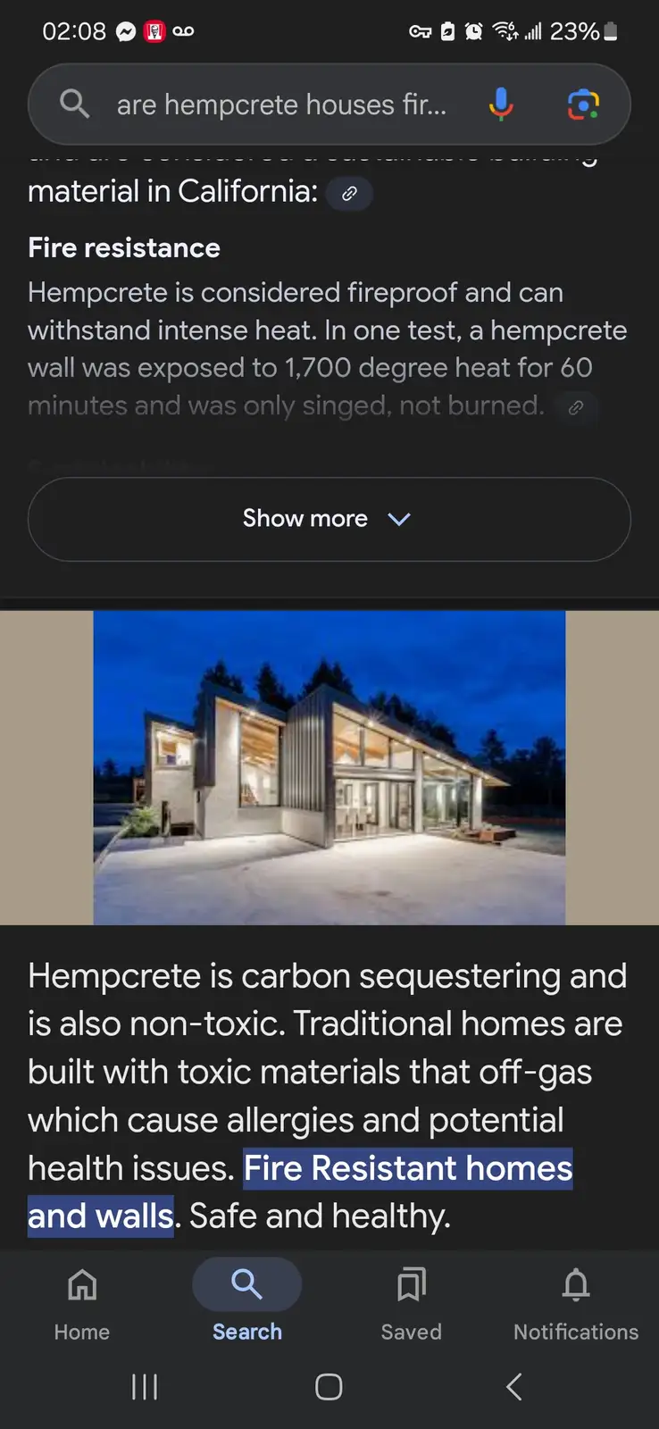 A smartphone screenshot shows a Google search result about hempcrete houses, highlighting their fire resistance. The image…