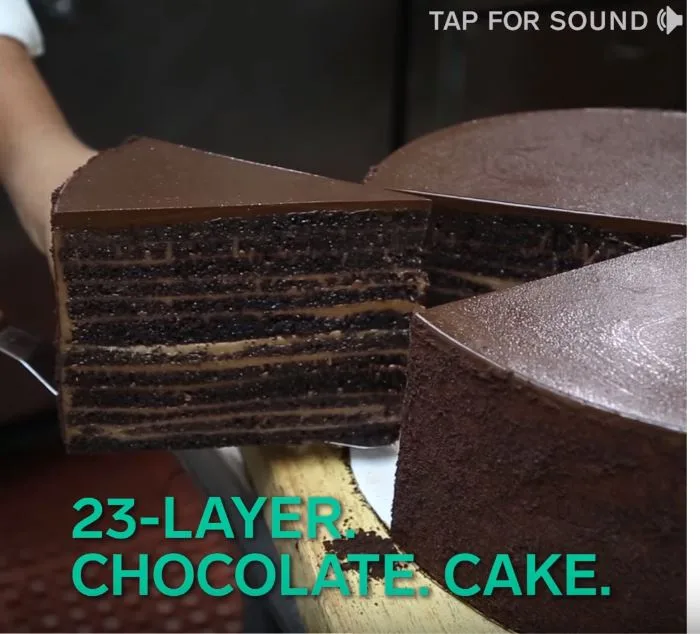 A close-up shot shows a person lifting a slice of a very tall, multi-layered chocolate cake, revealing 23 distinct dark…