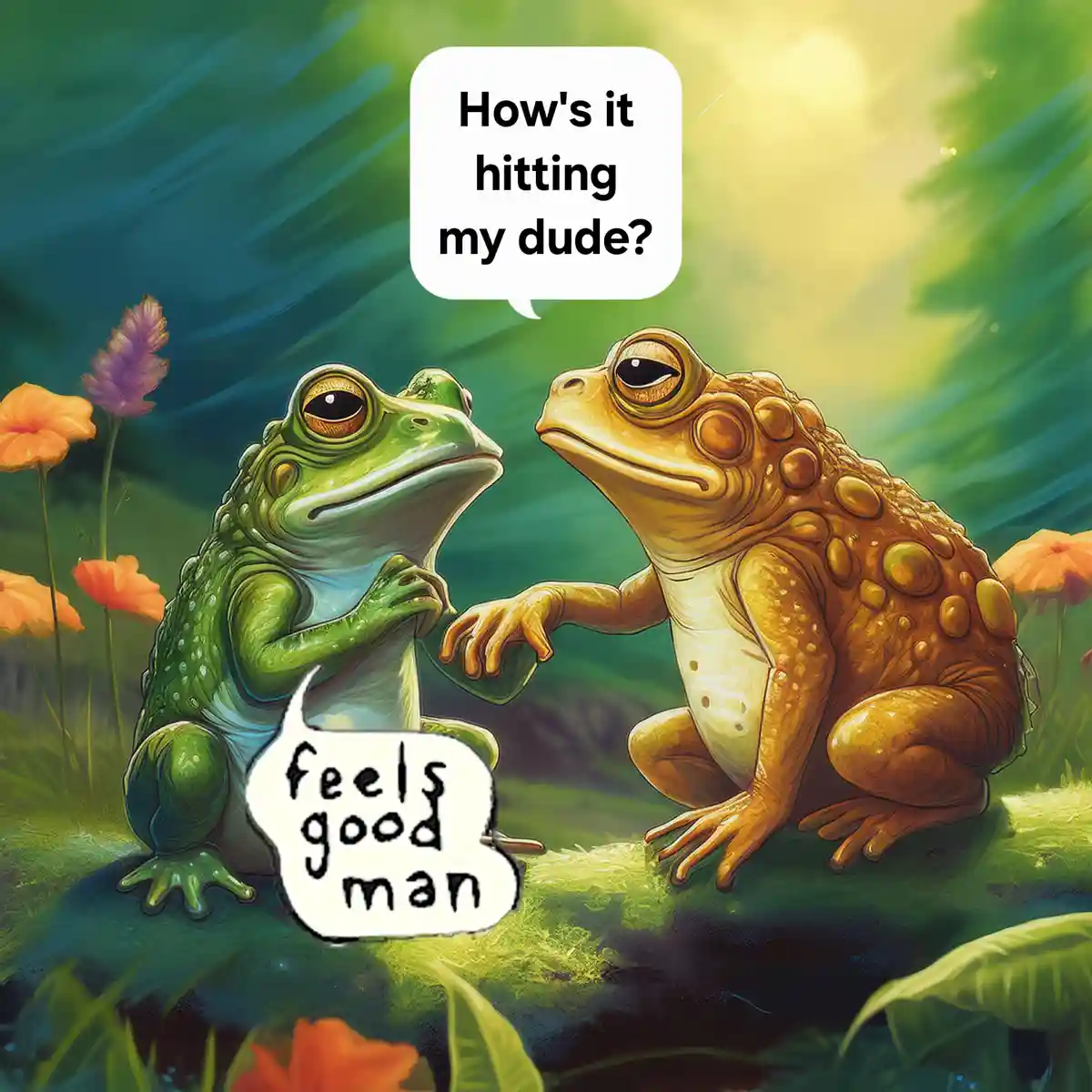 Two cartoon frogs sit facing each other in a lush green forest with orange flowers; the brown toad asks 'How's it hitting my…