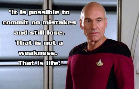 A still image of Captain Jean-Luc Picard from Star Trek: The Next Generation, wearing his red command uniform and standing…