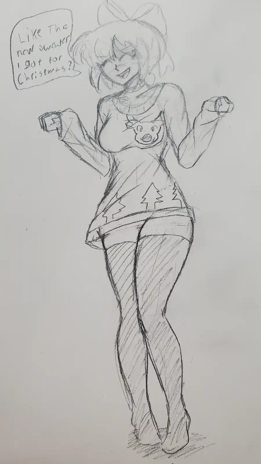 A pencil sketch of a cheerful anime-style girl with a large bow in her hair, flexing her arms while wearing a festive…