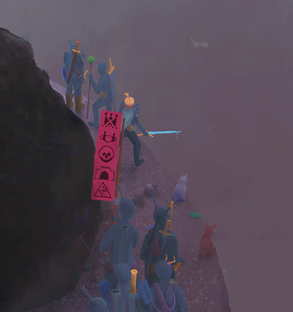 A sequence of six panels from the game Journey shows a lone player character standing on a narrow cliff edge, holding a pink…