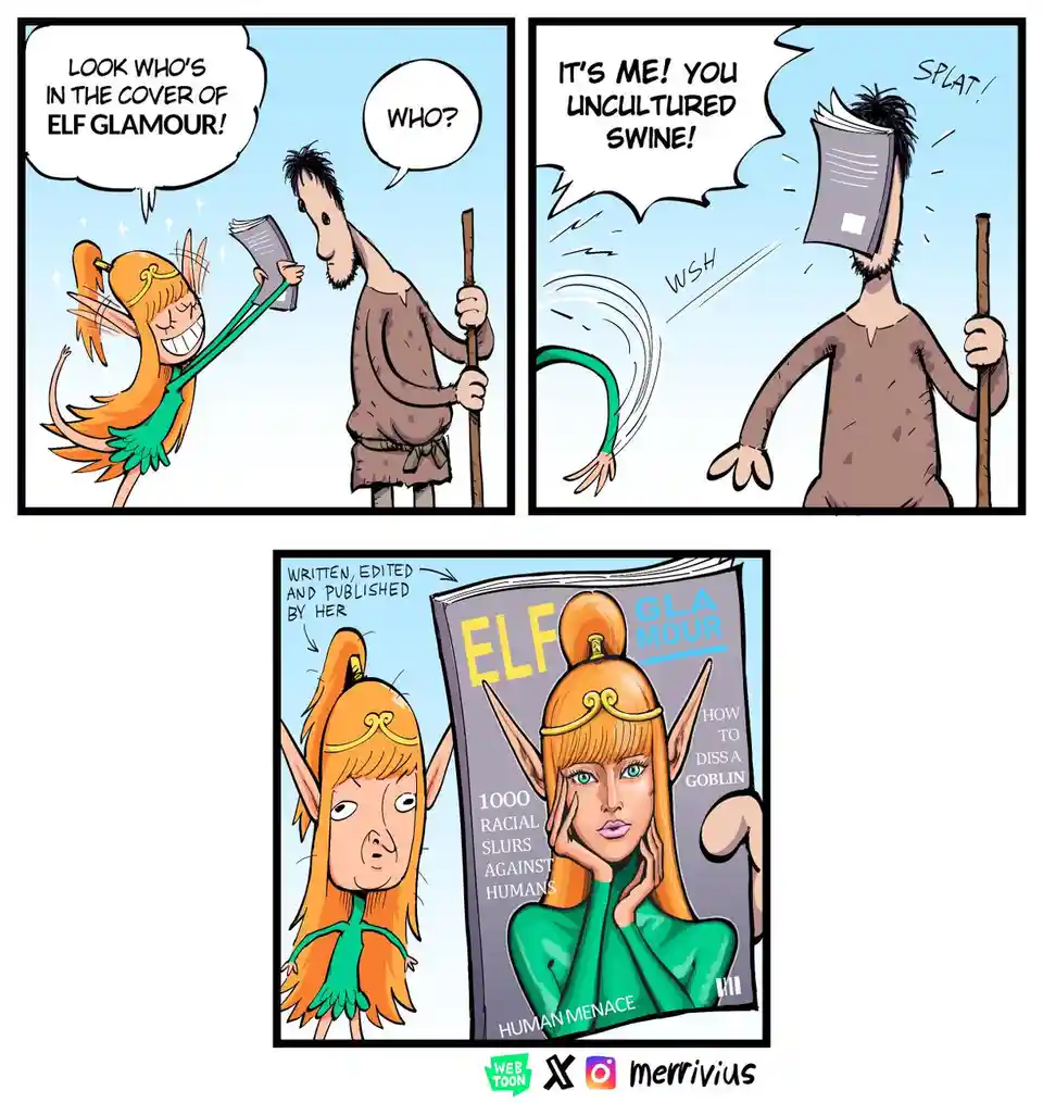 A three-panel comic strip shows a cheerful elf girl showing a human man a magazine called 'Elf Glamour'. The man asks…