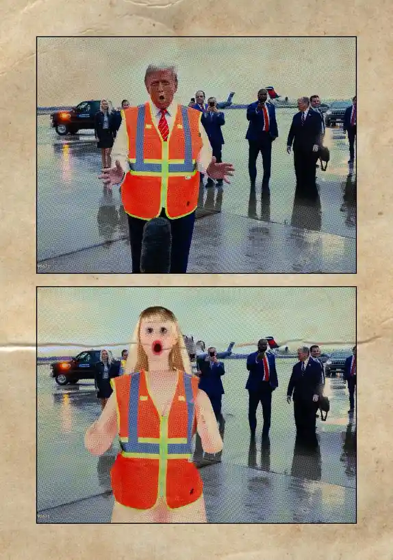 The image is a two-panel meme. The top panel shows Donald Trump on an airport tarmac wearing an orange safety vest, with his…