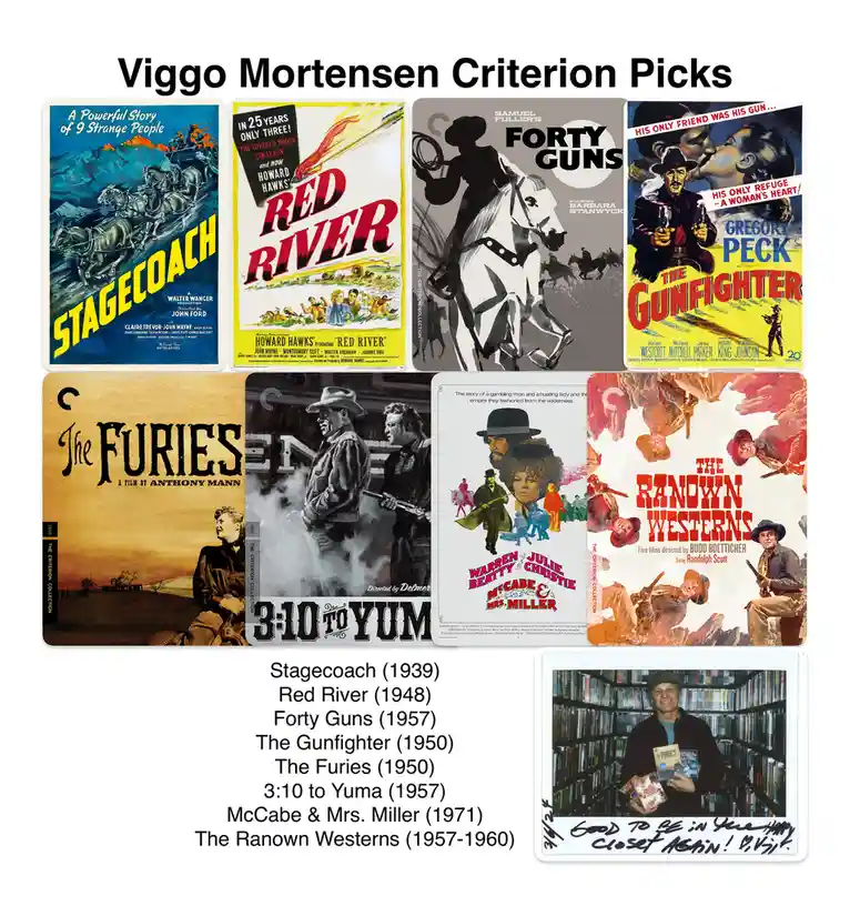 The image displays a collage of eight classic Western movie posters, including 'Stagecoach', 'Red River', 'Forty Guns', 'The…