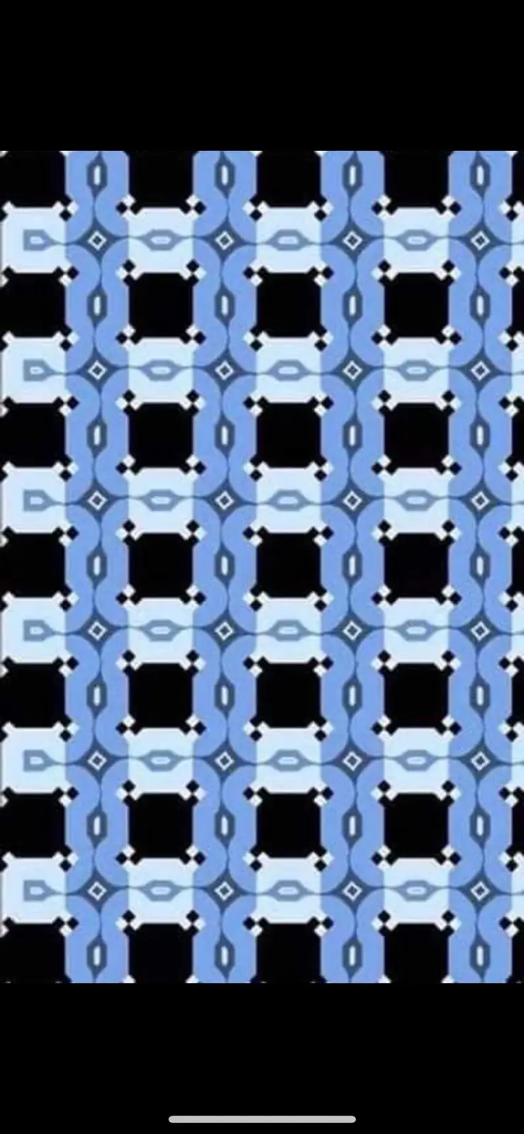 The image displays a repeating geometric pattern of interconnected blue and white shapes on a black background, creating an…