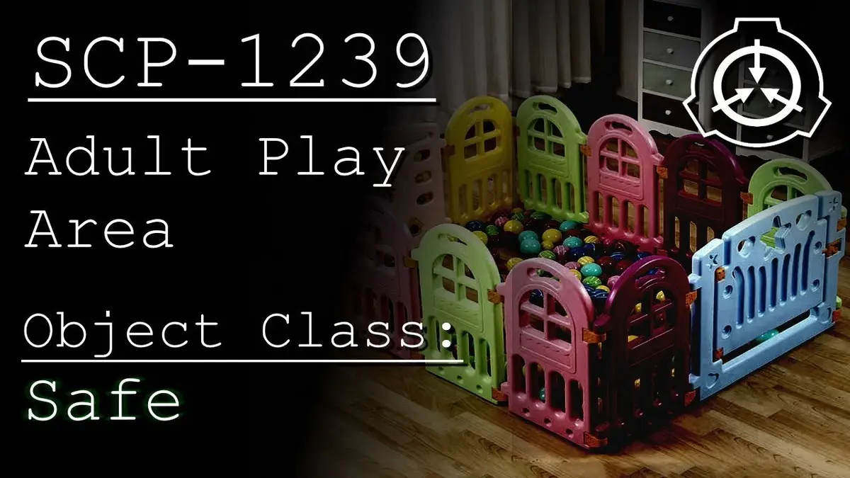 A colorful plastic playpen filled with marbles sits on a wooden floor, overlaid with text mimicking an SCP Foundation…