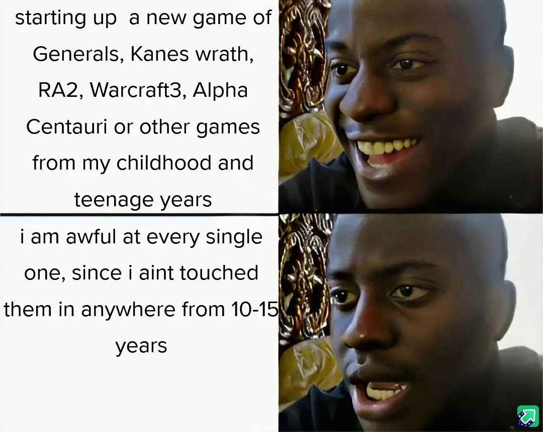 The image is a two-panel meme featuring a man with a wide, excited smile in the top panel and a shocked, dismayed expression…