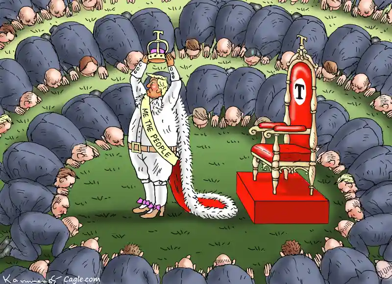 A cartoon depicts a man in a white royal robe and crown, wearing a sash that reads 'ME THE PEOPLE', standing triumphantly…