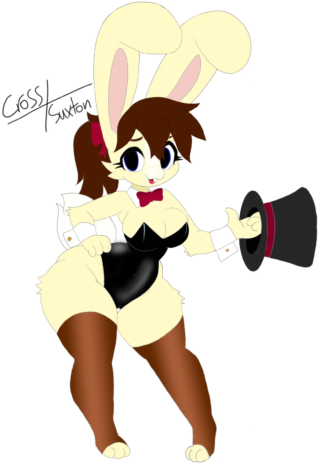 A cartoon rabbit girl with large cream-colored ears, brown hair, and blue eyes wears a black corset, white frilly shorts…