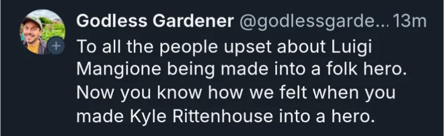 A screenshot of a tweet from 'Godless Gardener' showing a dark interface with white text. The tweet reads: 'To all the…