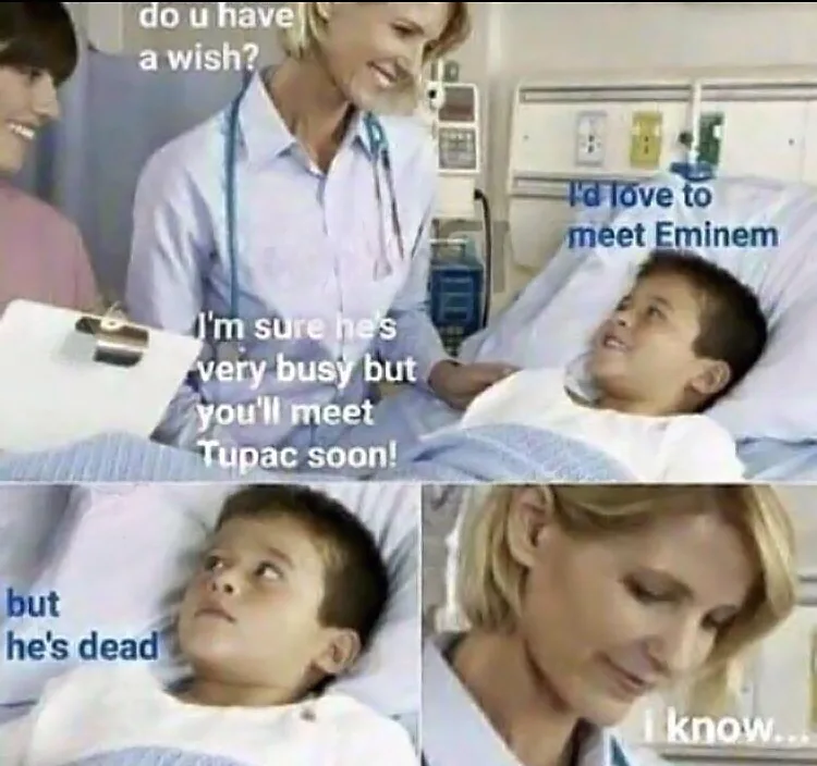 A hospital scene shows a nurse asking a young boy in a bed if he has a wish. The boy replies he wants to meet Eminem. The…