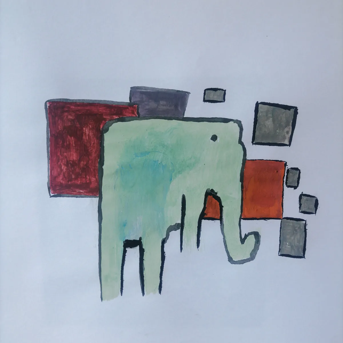 A childlike watercolor painting depicts a green elephant with black outlines, surrounded by various colored squares and…