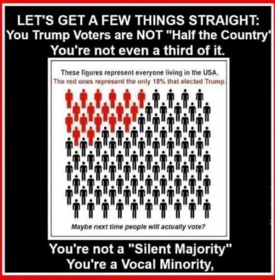 The image displays a grid of black and red stick figures representing U.S. voters, with red figures labeled as the 18% who…