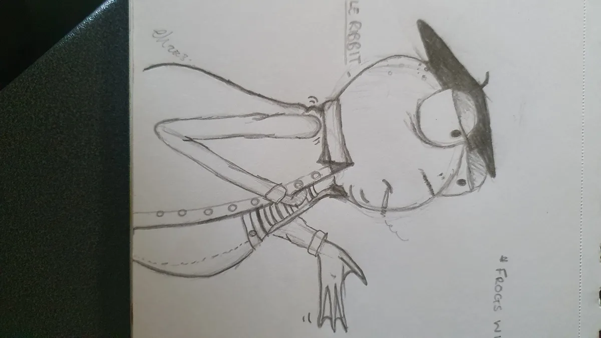 A hand-drawn pencil sketch of a cartoon rabbit character wearing a trench coat and gloves, depicted in a dynamic pose with…