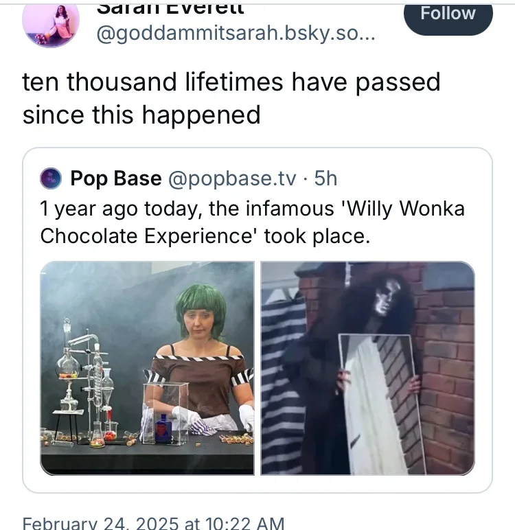 The image shows a social media post with two side-by-side photos: one of a woman in a green wig and brown top behind a lab…