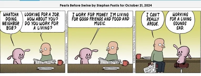 A four-panel comic strip by Stephan Pastis titled 'Pearls Before Swine' from October 21, 2024, depicts a pink pig and a bald…