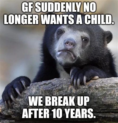 A black bear with a sad, resigned expression rests its paws on a log. White bold text overlaid at the top reads 'GF SUDDENLY…