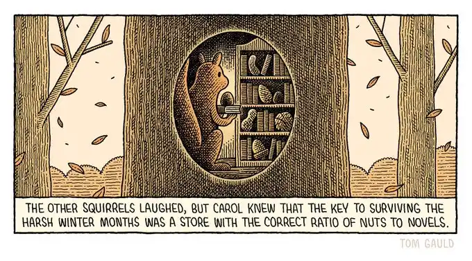 A cartoon illustration shows a squirrel named Carol inside a tree, looking at bookshelves filled with books and nuts. The…