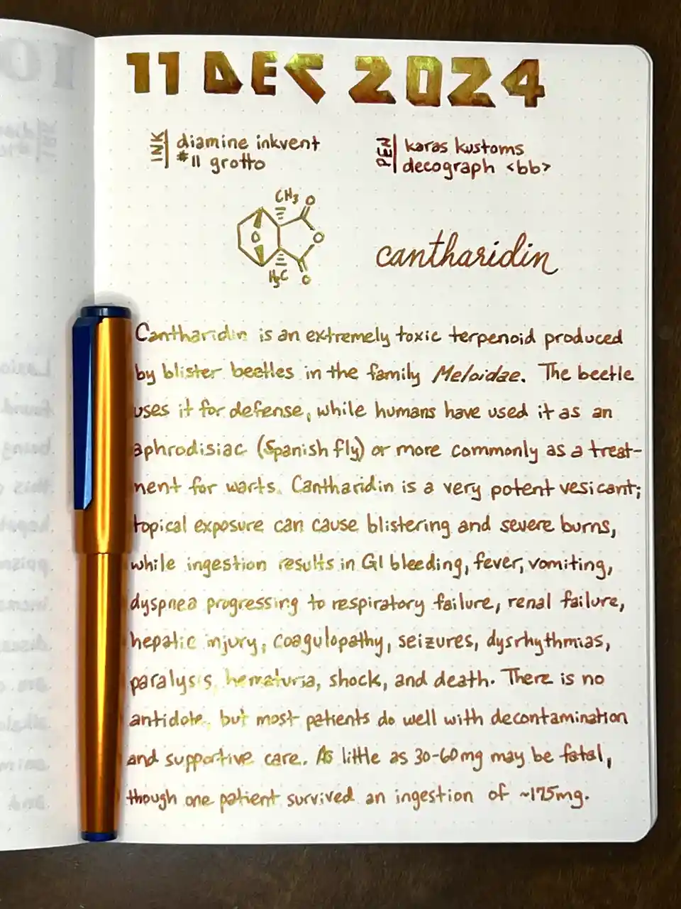 A notebook page dated 11 DEC 2024 shows a detailed, handwritten entry about cantharidin, including its chemical structure…