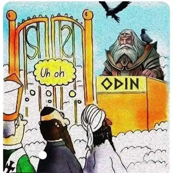 A cartoonish illustration shows three figures in Viking-style clothing looking up at a large golden gate labeled 'ODIN'. A…