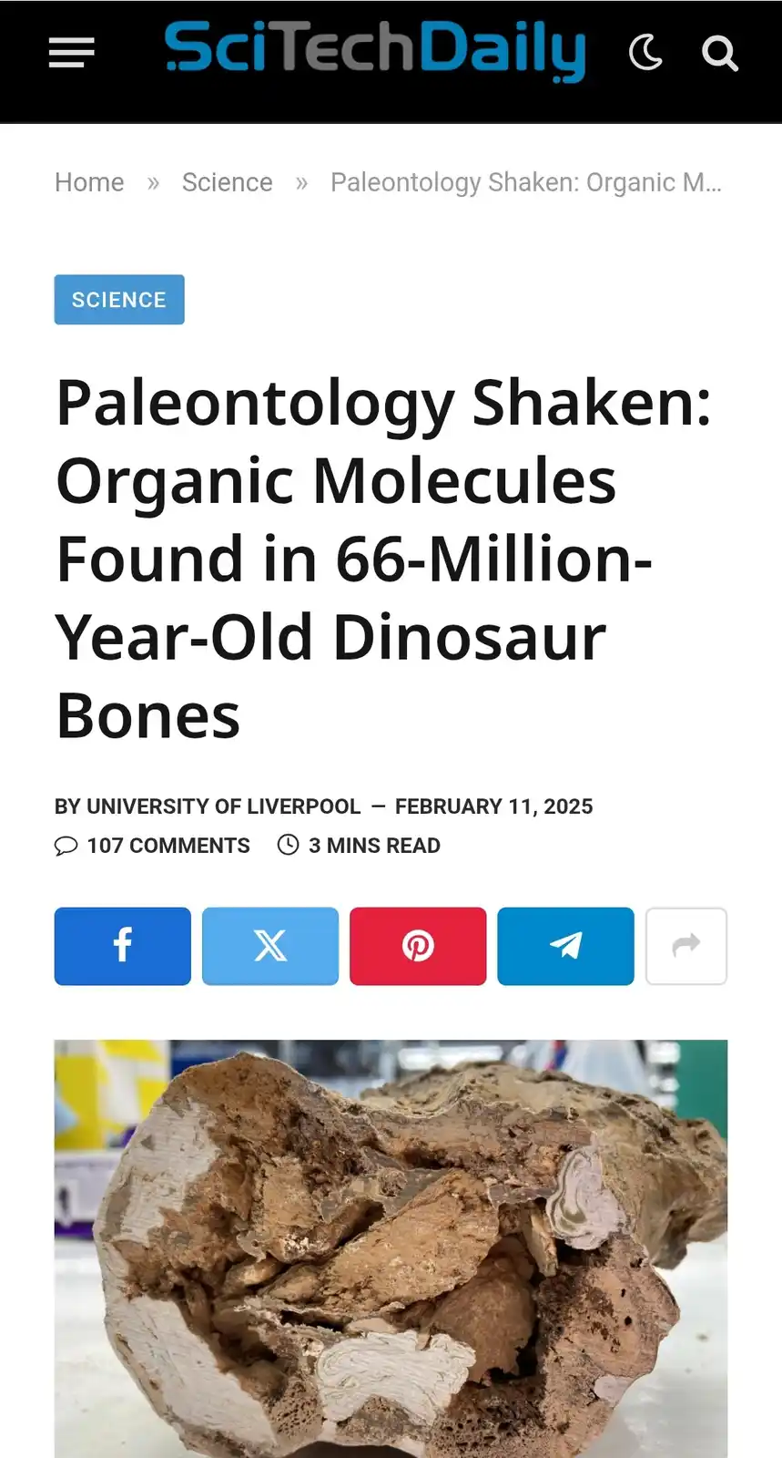 A screenshot of a SciTechDaily article titled 'Paleontology Shaken: Organic Molecules Found in 66-Million-Year-Old Dinosaur…