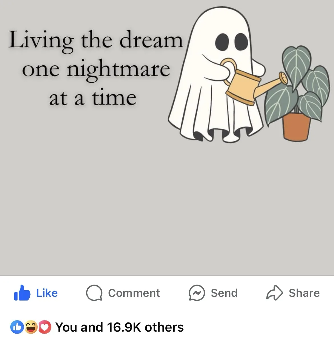 A cartoon ghost with simple black eyes and a white sheet body is watering a potted plant with a wooden watering can. The…