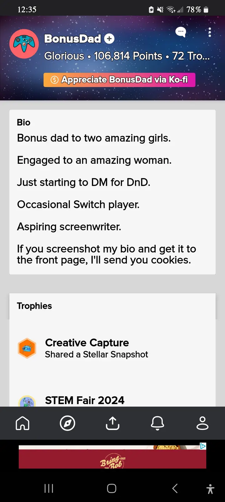 A screenshot of a user profile on a social platform showing the username 'BonusDad' with a bio that lists being a bonus dad…