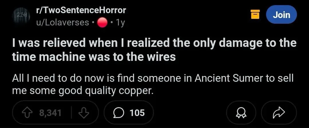 A screenshot of a Reddit post from r/TwoSentenceHorror showing a user's comment with two sentences: 'I was relieved when I…