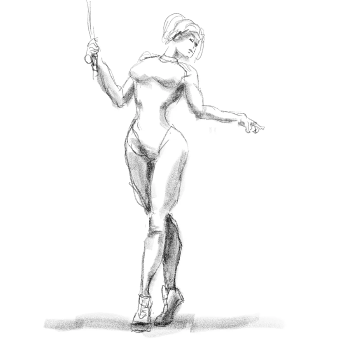A black-and-white sketch depicts a muscular female character in a dynamic pose, holding a sword in one hand and pointing…