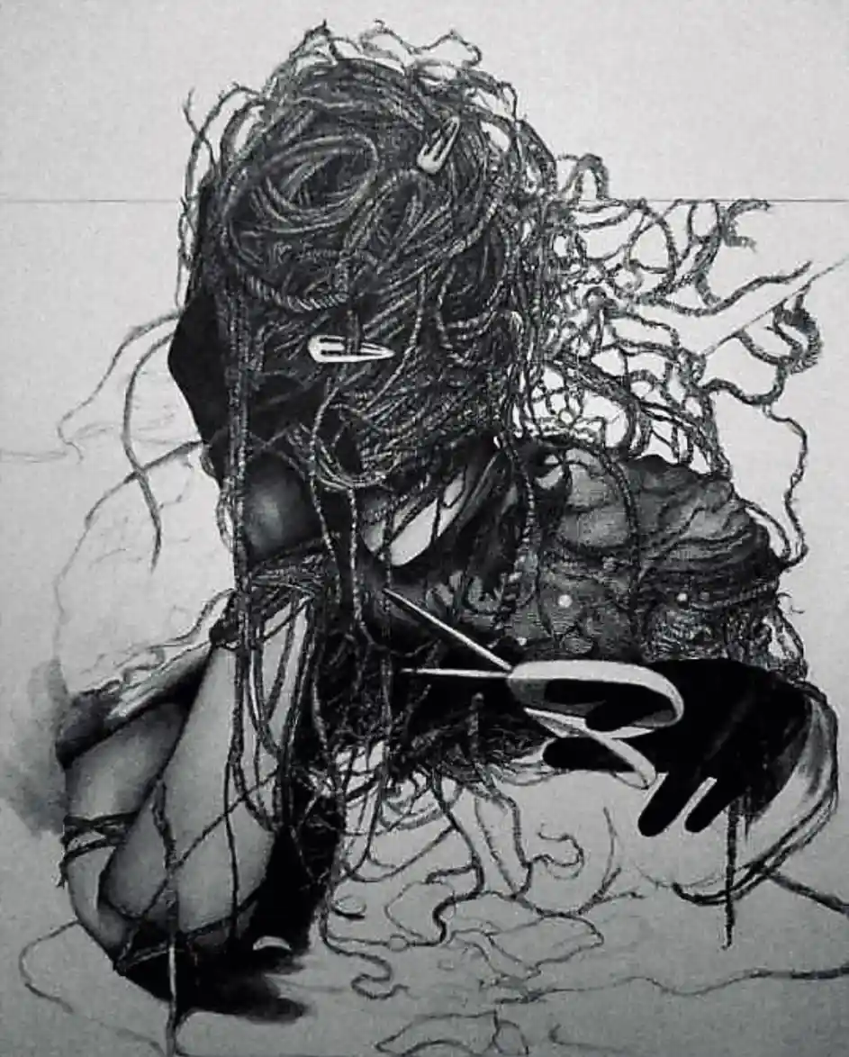 A black-and-white sketch depicts a person with extremely tangled, voluminous hair held together by several hair clips…