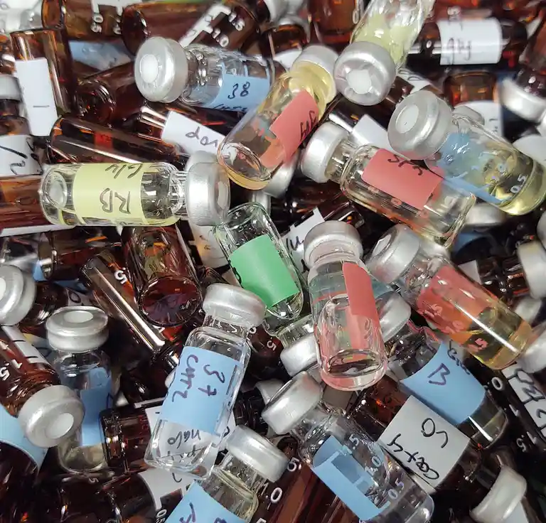 A pile of small glass vials with silver caps and handwritten labels in various colors, some containing clear liquid and…