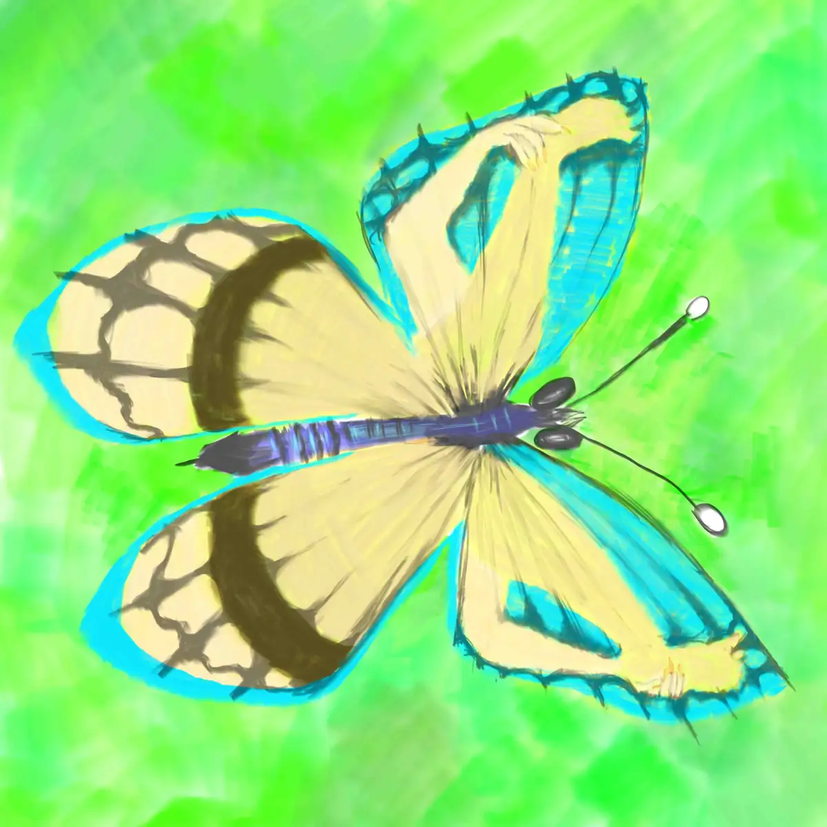A stylized drawing of a butterfly with yellow wings outlined in bright blue, set against a vibrant green background. The…