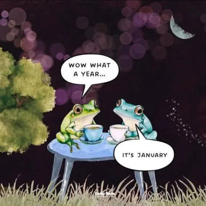 Two cartoon frogs sit at a small blue table outdoors under a night sky with a crescent moon and bokeh lights, each holding a…