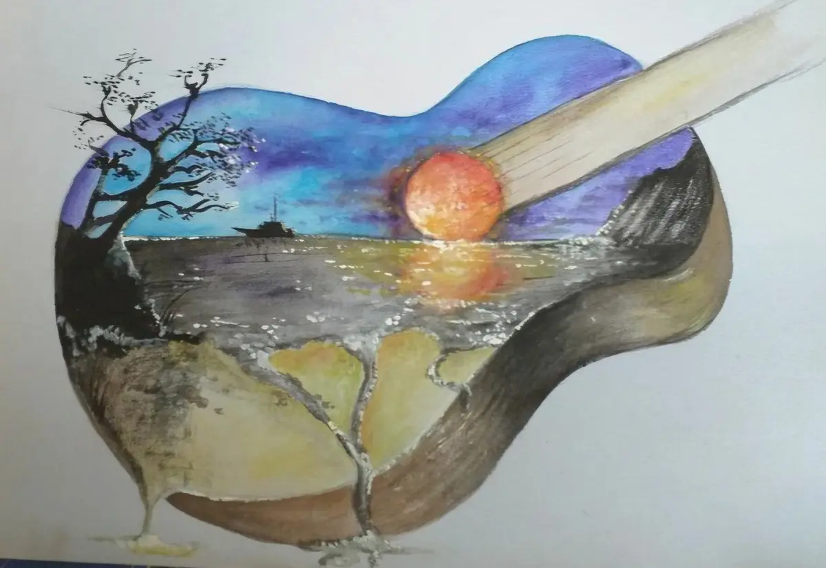 A watercolor painting depicts a stylized bird with a landscape scene inside its body, showing a sunset over water with a…
